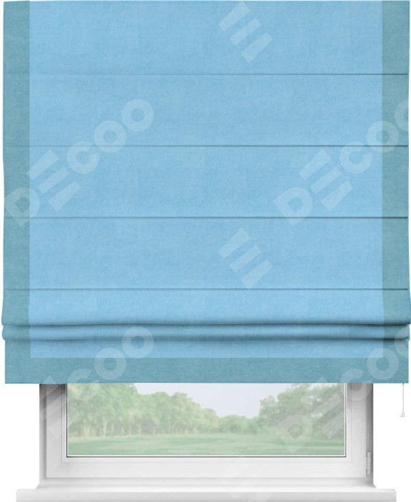 Римская штора «Кортин» с кантом Виктория, для проема, ткань вельвет голубой
