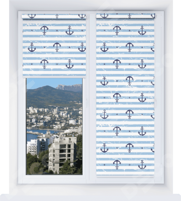 Рулонная штора Мини с принтом Полоски и якори